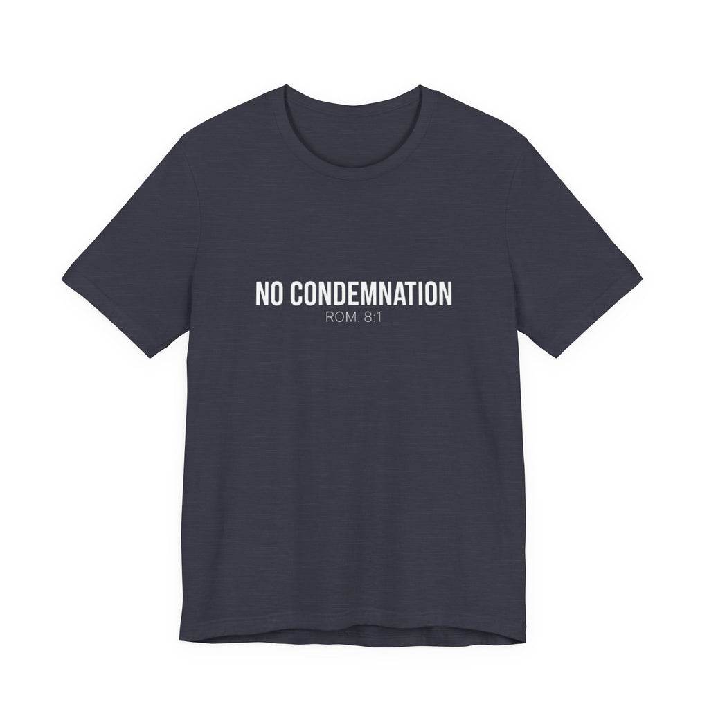 Navy blue t-shirt with 'NO CONDEMNATION ROM 8:1' text on a white background