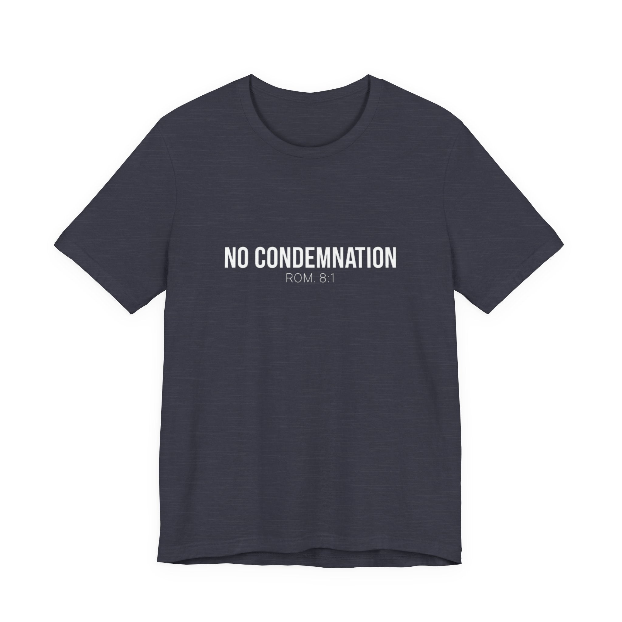 Navy blue t-shirt with 'NO CONDEMNATION ROM 8:1' text on a white background