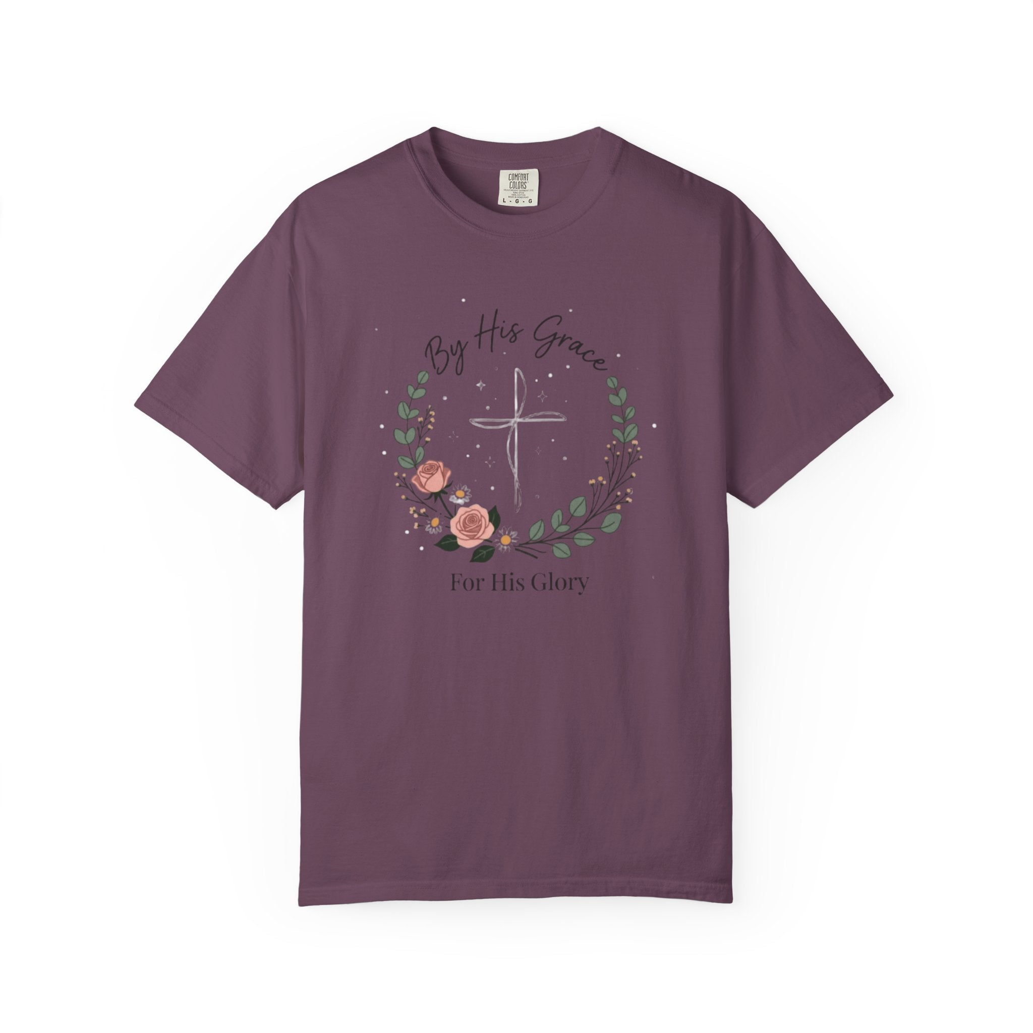 Purple t-shirt with a cross and floral design on a white background