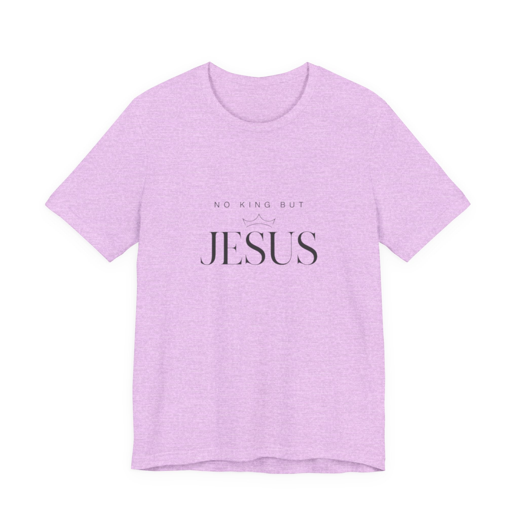 Purple t-shirt with 'No King But Jesus' text on a white background