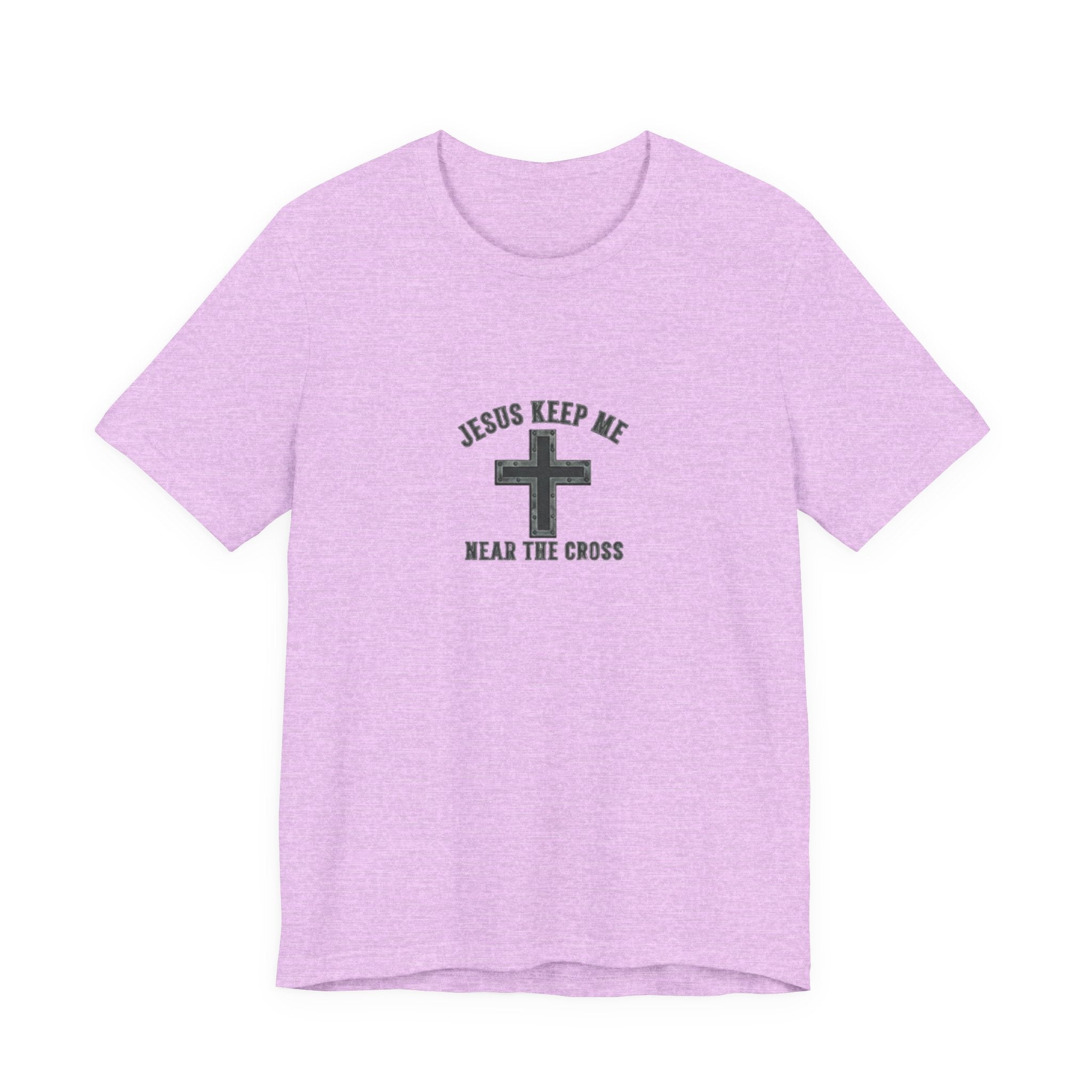 Purple t-shirt with a cross design and text on a white background