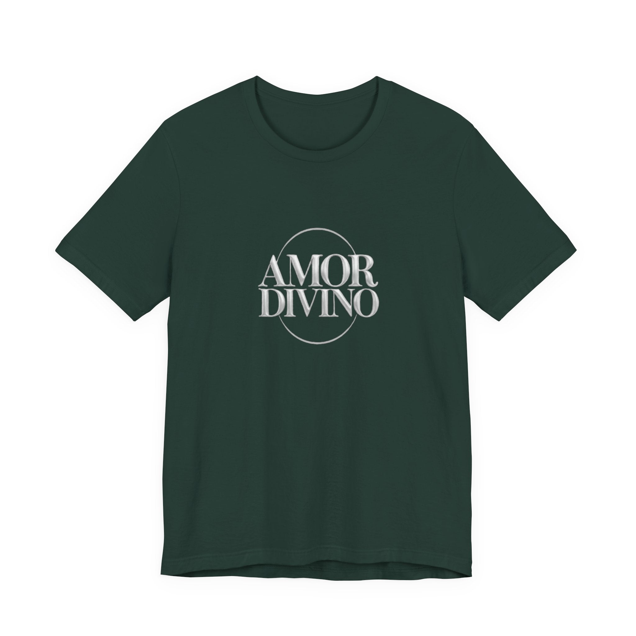 Green t-shirt with 'AMOR DIVINO' text on a white background