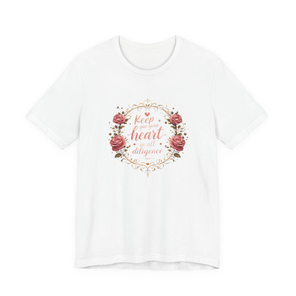 White t-shirt with floral design and text on a white background
