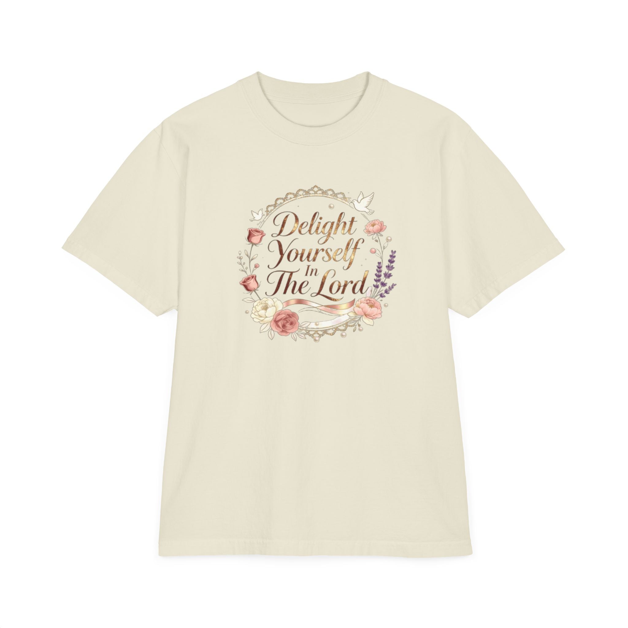Beige t-shirt with floral design and DELIGHT YOURSELF IN THE LORD  on a white background