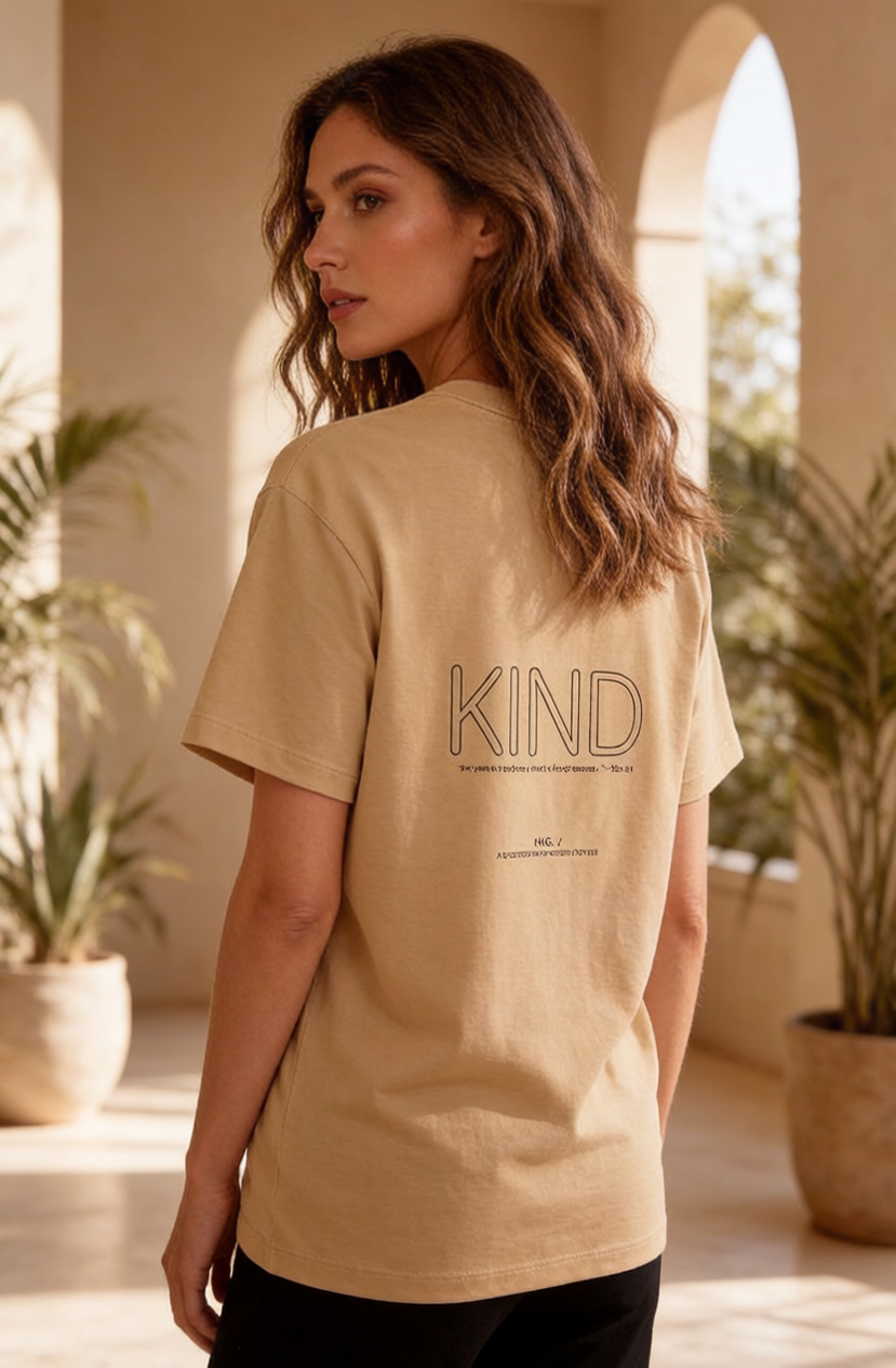 A woman wearing a beige short-sleeve t-shirt with 'KIND' printed on the back, standing in a warm, sunlit indoor setting with potted plants.