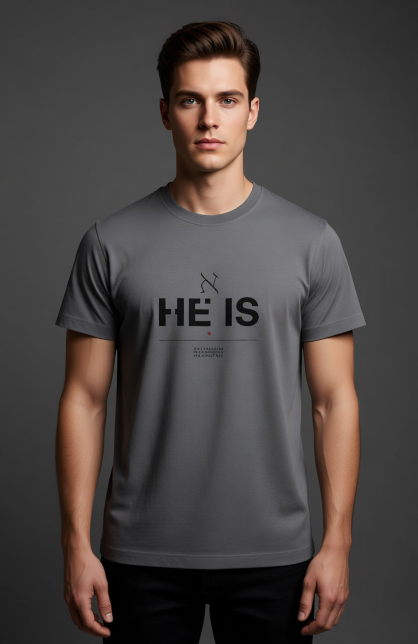 Male model in luxury editorial mockup wearing slate He Is t-shirt
