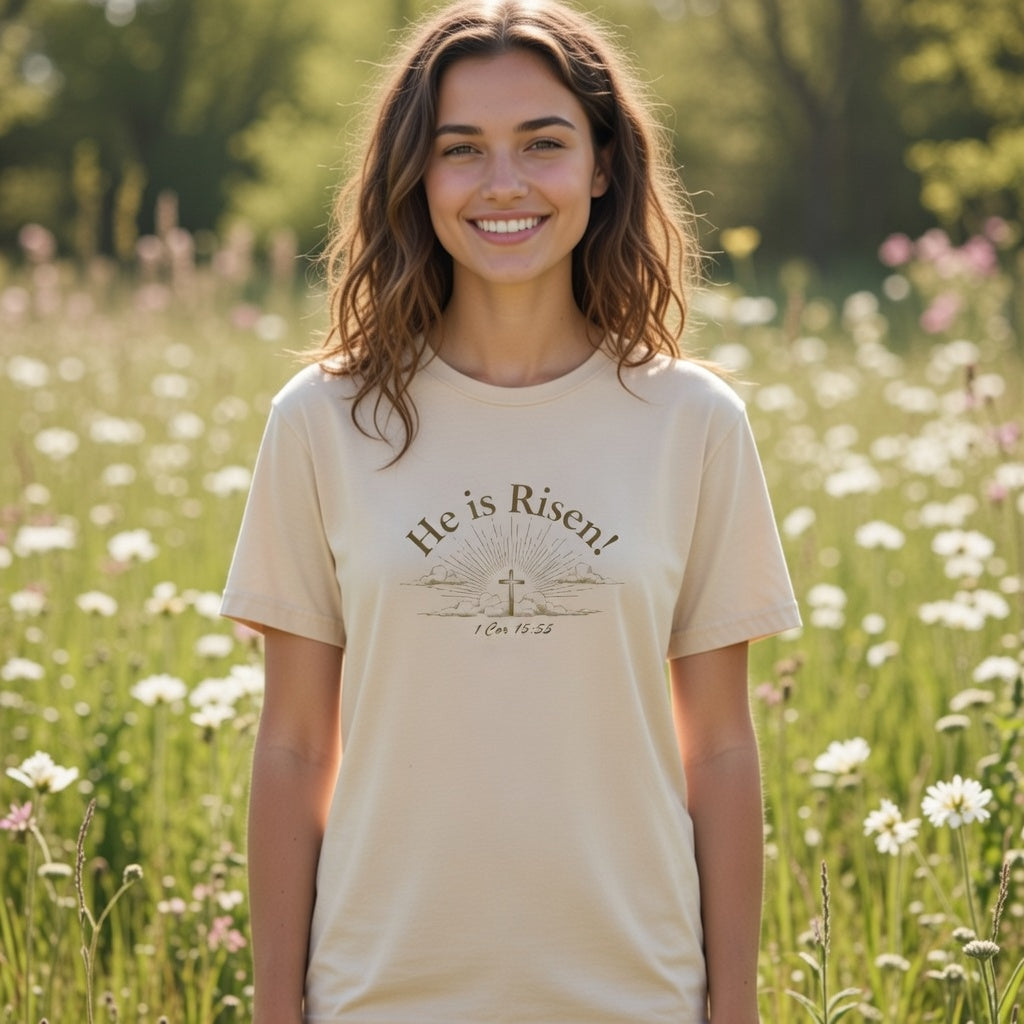 women with HE IS RISEN TEE
