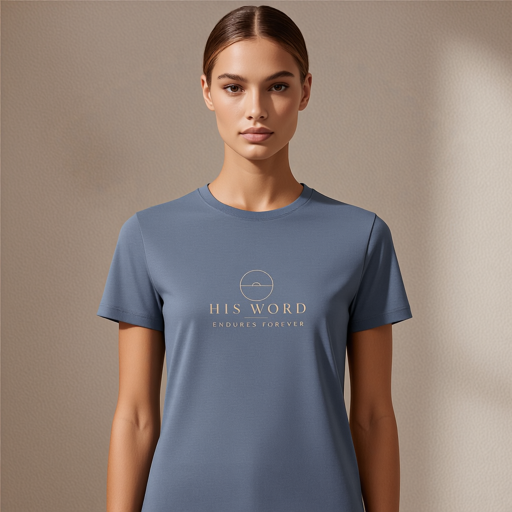 Woman wearing a blue t-shirt with 'His Word Endures Forever' text on a beige background