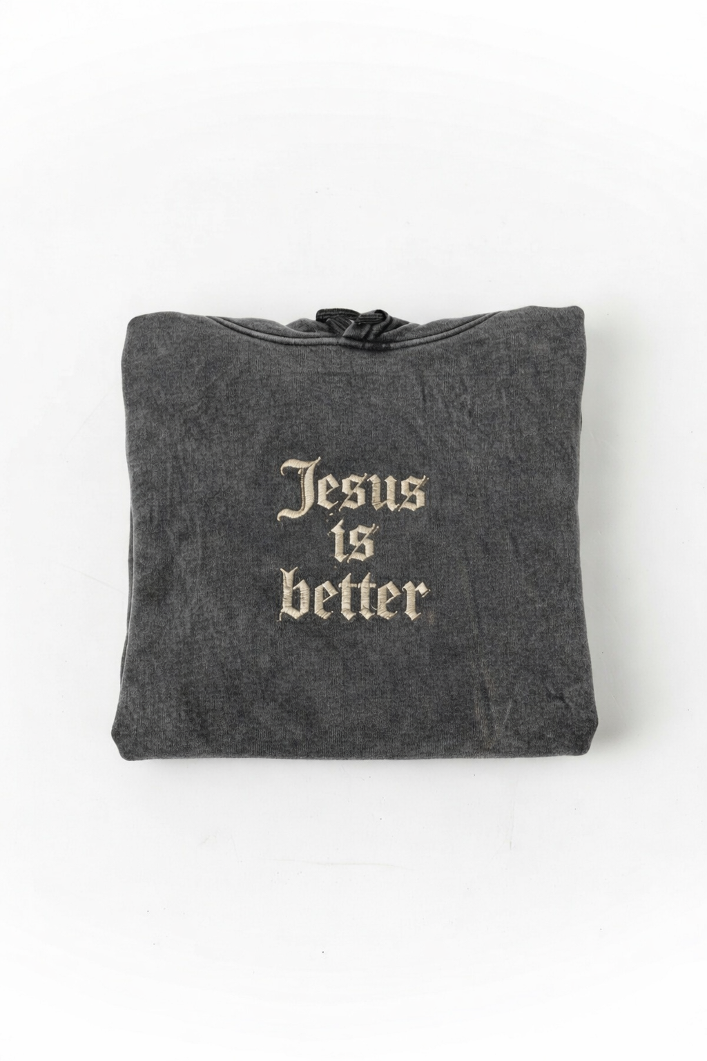 Jesus Is Better Mineral Wash Hoodie in Black — front view showing Jesus Is Better Hebrews theology graphic, premium mineral wash Christian hoodie by 4HG