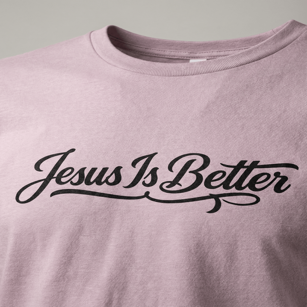 Pink t-shirt with 'Jesus Is Better' text on a plain background
