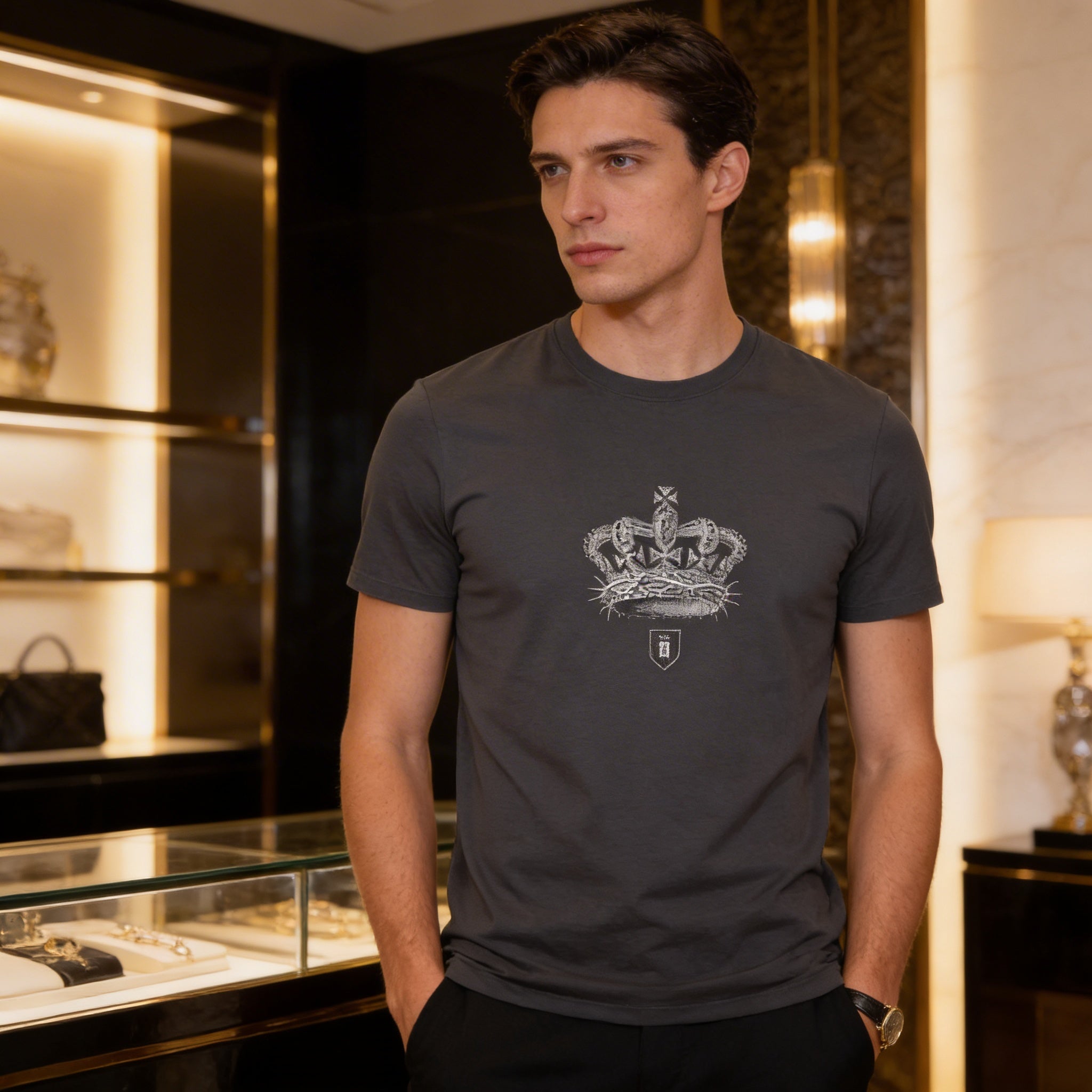 Male model wearing Lord of Lords Men's Faded Tee in Faded Black — front-facing editorial style, Revelation scripture design, garment-dyed Christian tee by 4HG