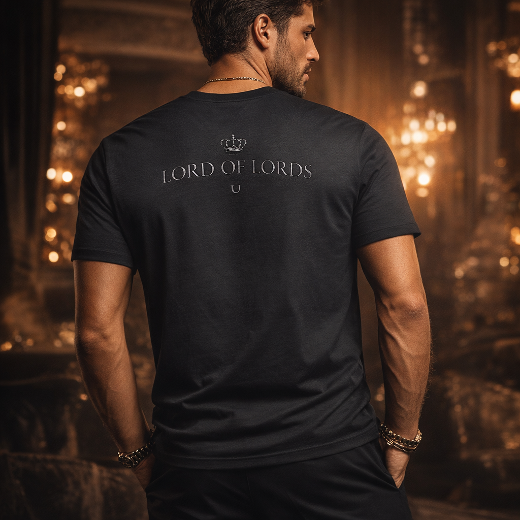 Male model wearing Lord of Lords Men's Faded Tee in Faded Black — back view showing scripture design detail, garment-dyed Christian tee by 4HG