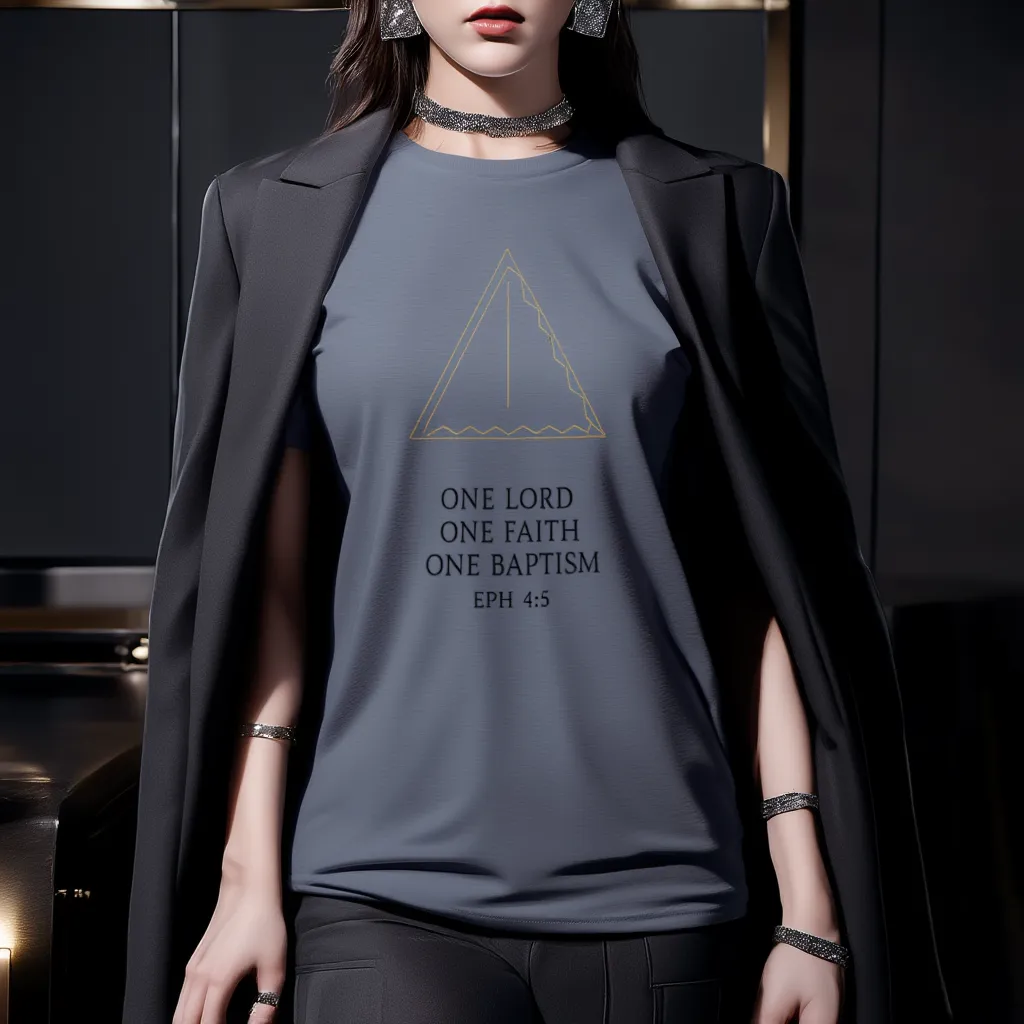 Person wearing a gray t-shirt with a religious text design, standing against a dark background.