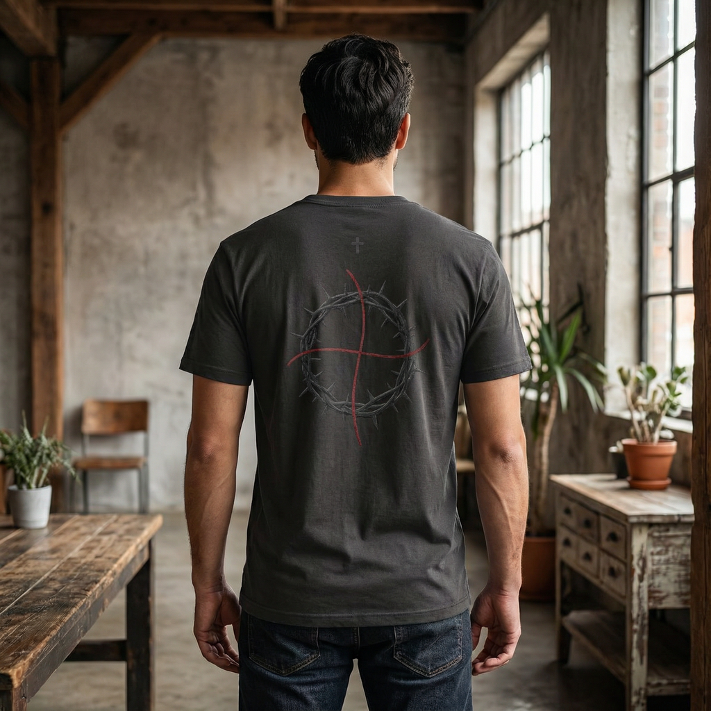 CROSS AND CROWN OF THORNS on back of dark gray t shirt