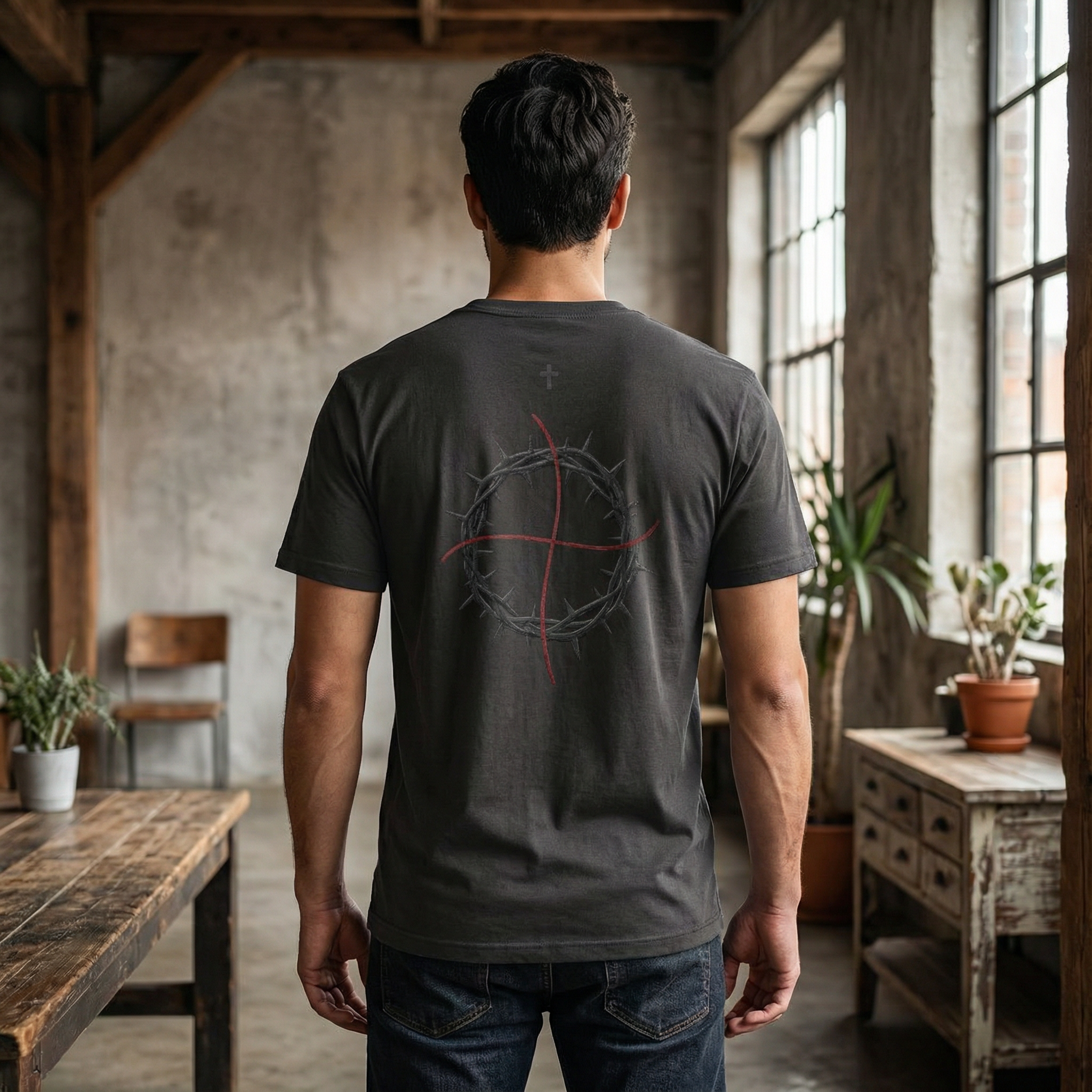 CROSS AND CROWN OF THORNS on back of dark gray t shirt