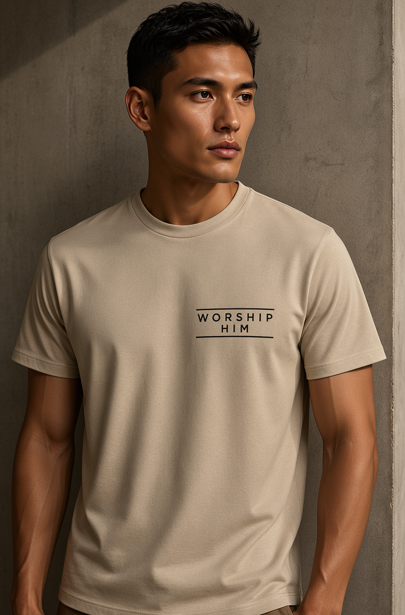 A man wearing a beige crewneck t-shirt with 'WORSHIP HIM' printed in black text on the chest, posed against a textured gray concrete wall.