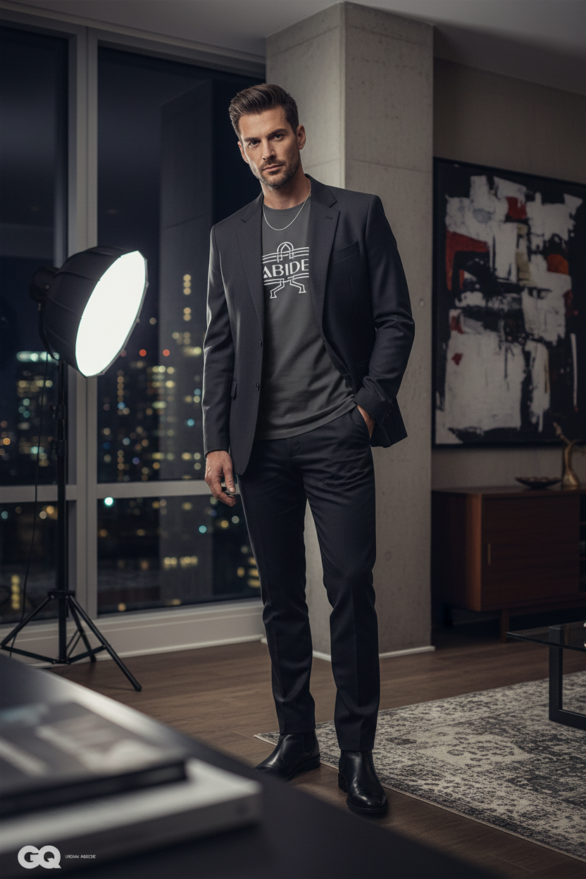 Editorial style mockup with man wearing faded black shirt