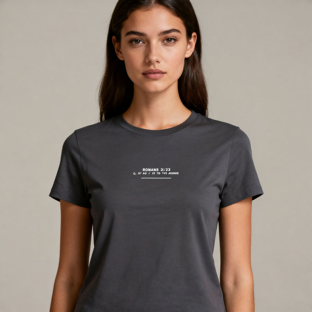 Woman wearing a dark gray t-shirt with text on a plain background