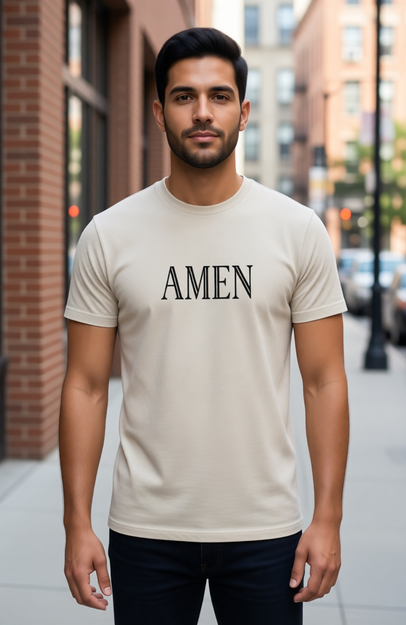 Man wearing a beige t-shirt with 'AMEN' text on a city street.