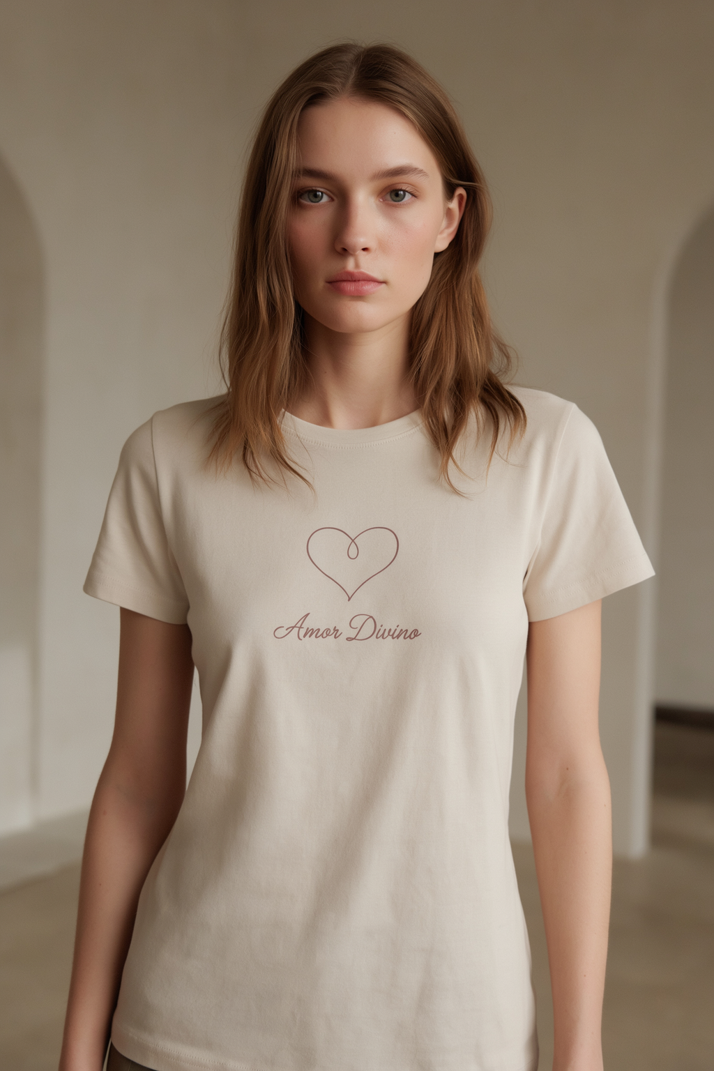 A woman wearing a cream-colored short-sleeve t-shirt with a thin heart outline and the words 'Amen Divine' printed on the chest, set against a softly lit, minimalist beige background.