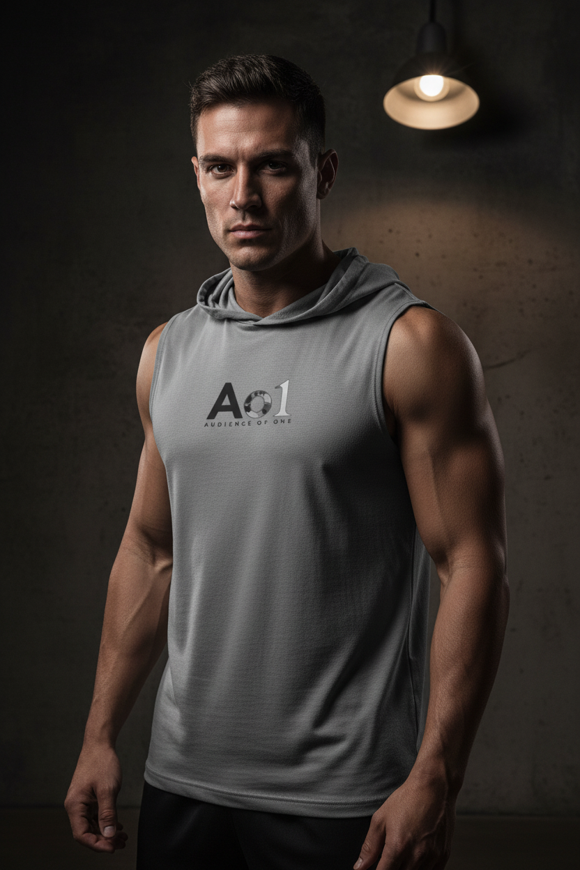 Male model wearing Audience of One Sleeveless Hoodie in Iron Grey — editorial style front view, Colossians 3:23 Audience of One design, performance faith-based hoodie by 4HG
