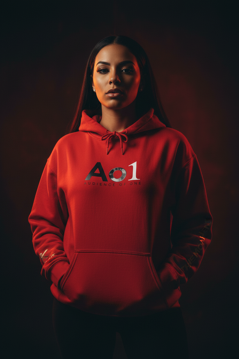 Ao1 Logo Hoodie (Red) — Luxury Cinematic Female Editorial