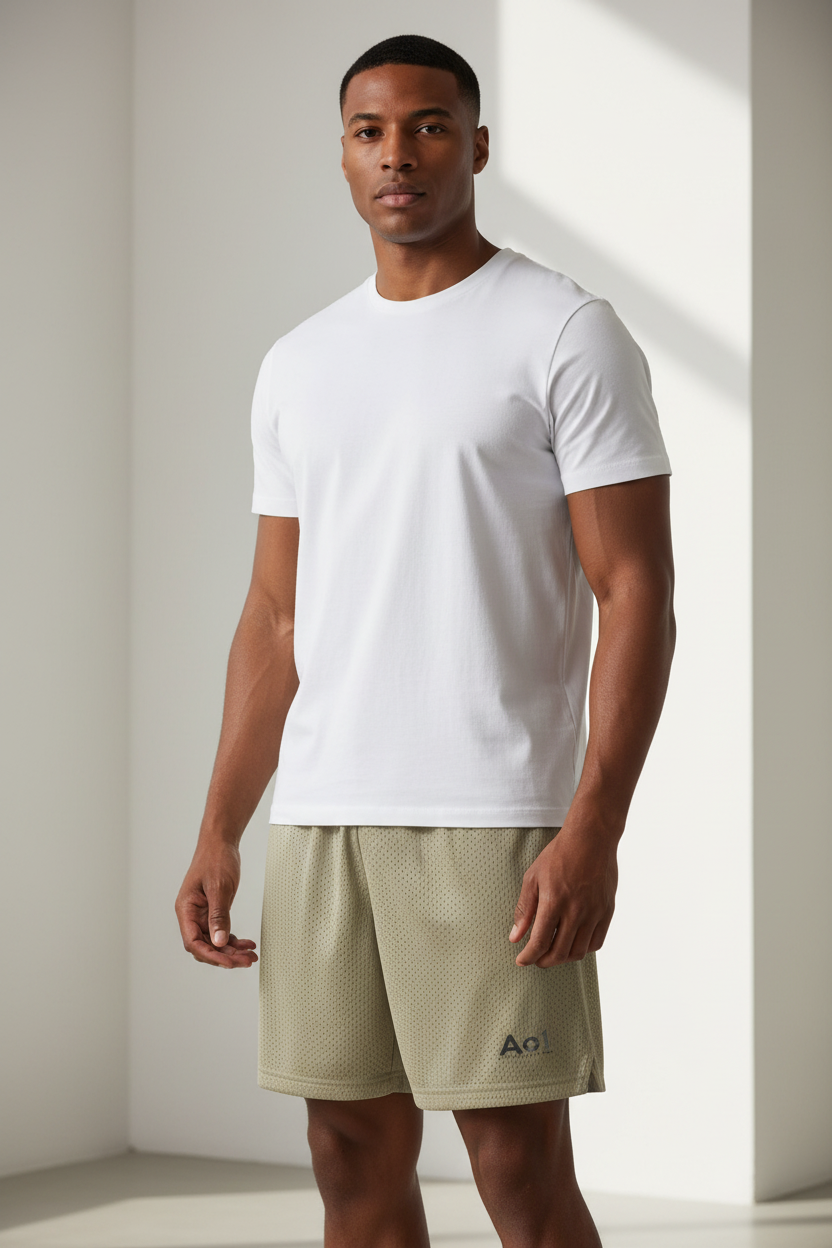 Ao1 Mesh Shorts (Sand) — Luxury Athletic Male Editorial