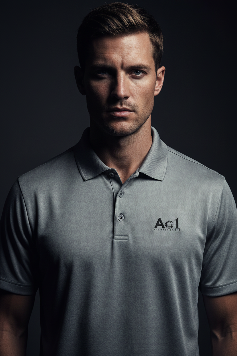 Ao1 Performance Polo (Silver Grey) — Dark Cinematic Male Editorial