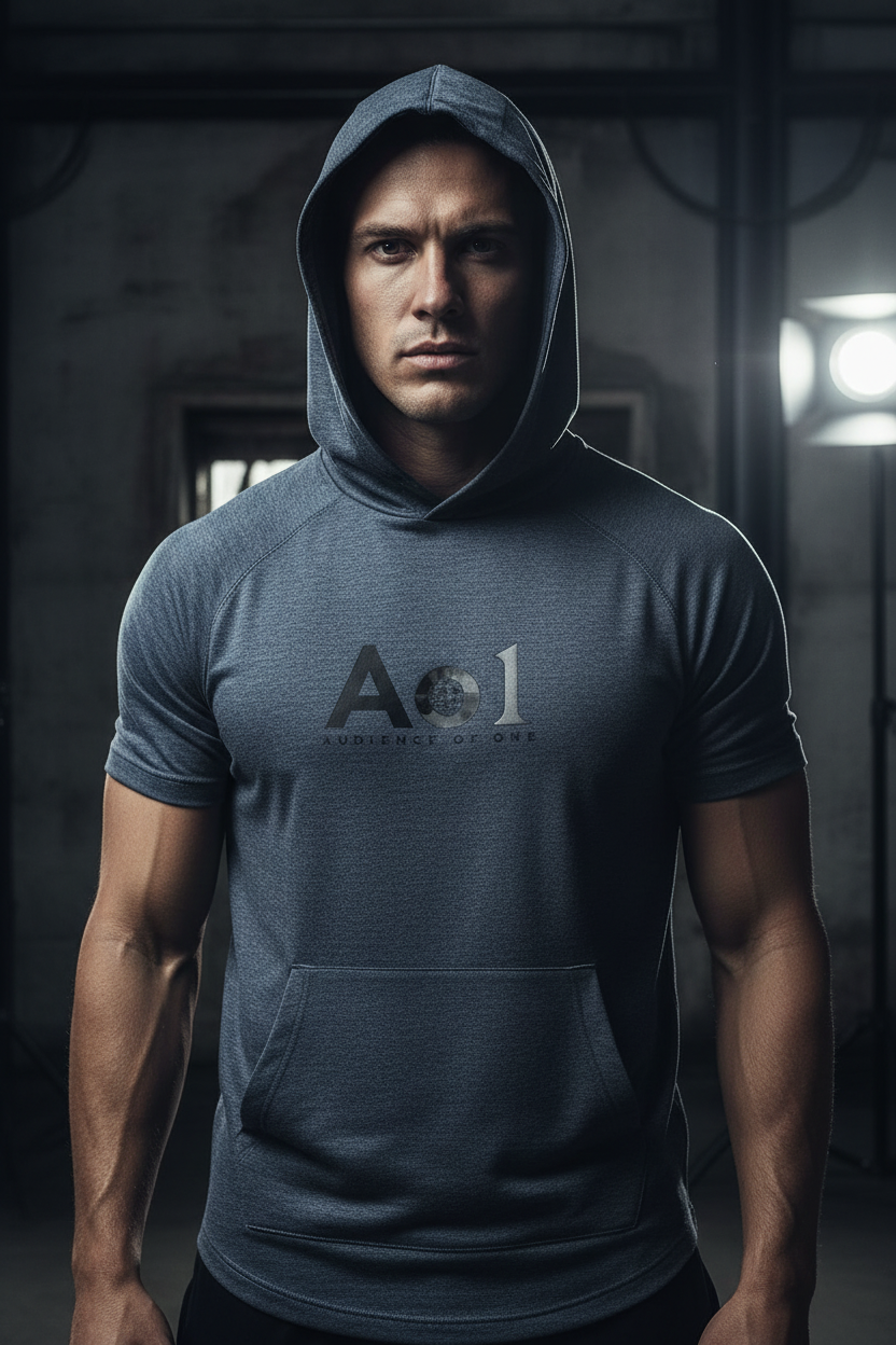 Male model wearing Audience of One Short Sleeve Hoodie in True Navy Heather — editorial dark background front view, Colossians 3:23 Audience of One design, performance faith-based hoodie by 4HG