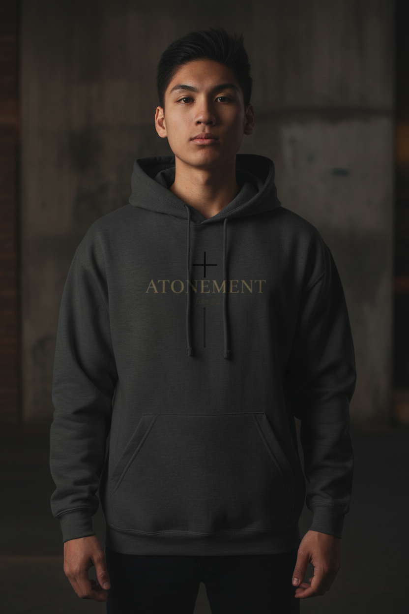 Male model wearing Atonement Pullover Hoodie in Charcoal — editorial style front view, 1 John 2:2 atonement design, premium faith-based hoodie by 4HG