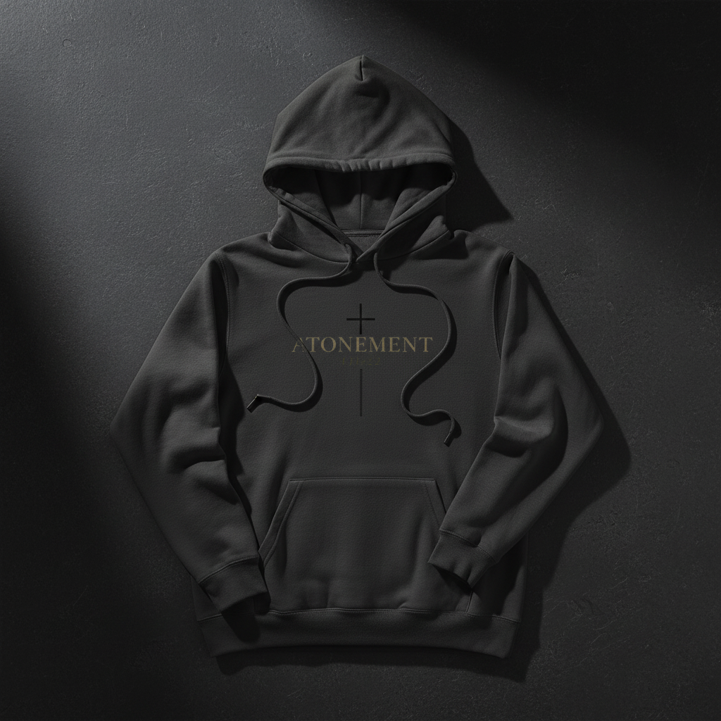 Atonement Pullover Hoodie in Charcoal — flat lay showing 1 John 2:2 atonement graphic, 80% ring-spun cotton premium faith-based hoodie by 4HG