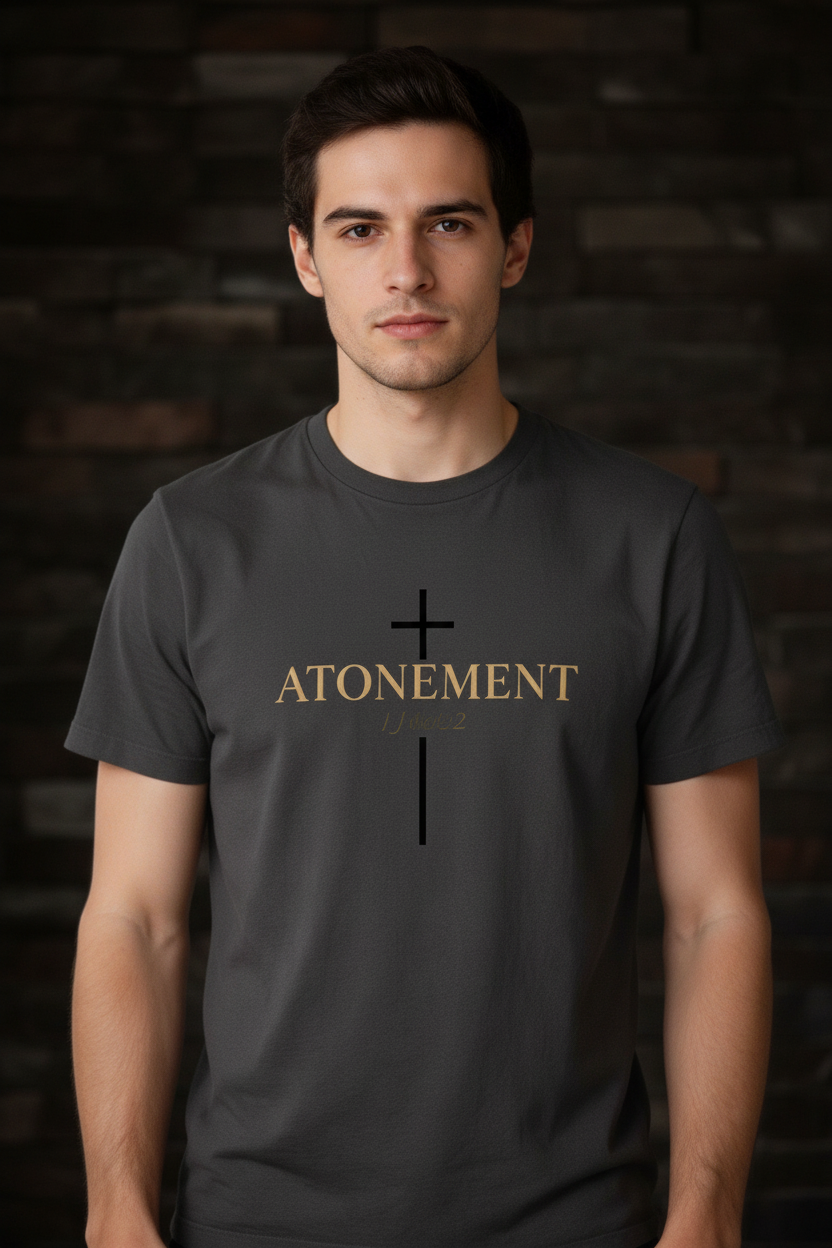 Male model wearing Atonement 1 John 2:2 Faded Tee in Faded Black — editorial style front view, 1 John 2:2 atonement scripture design, garment-dyed Christian tee by 4HG