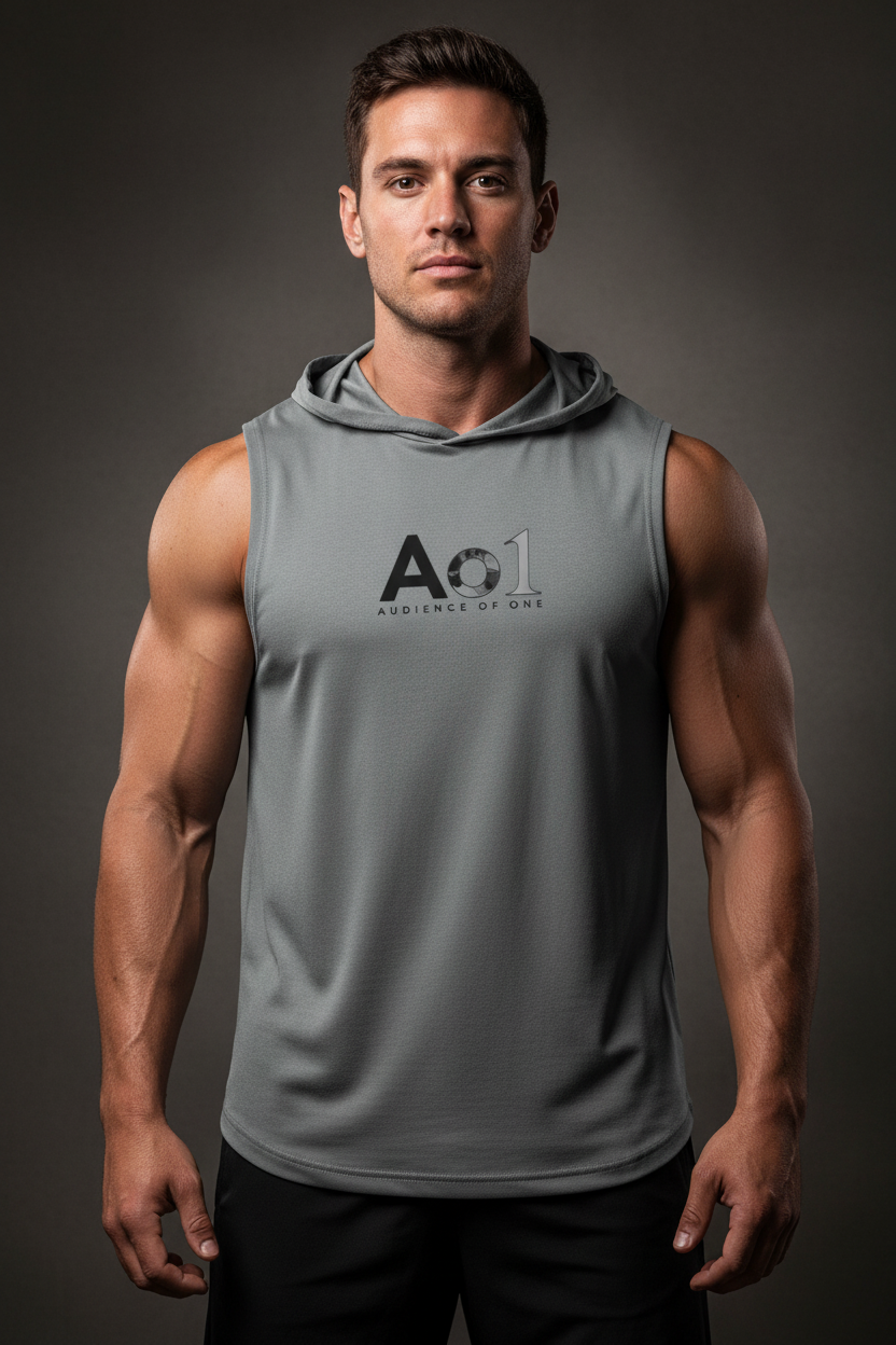 Male model wearing Audience of One Sleeveless Hoodie in Iron Grey — editorial style front view showing Colossians 3:23 Audience of One graphic detail, performance faith-based hoodie by 4HG