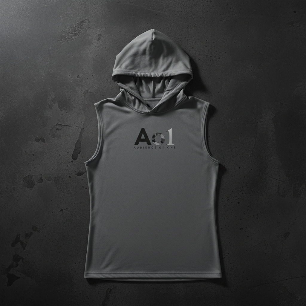 Audience of One Sleeveless Hoodie in Iron Grey — editorial flat lay front view showing Colossians 3:23 Audience of One design, performance faith-based sleeveless hoodie by 4HG