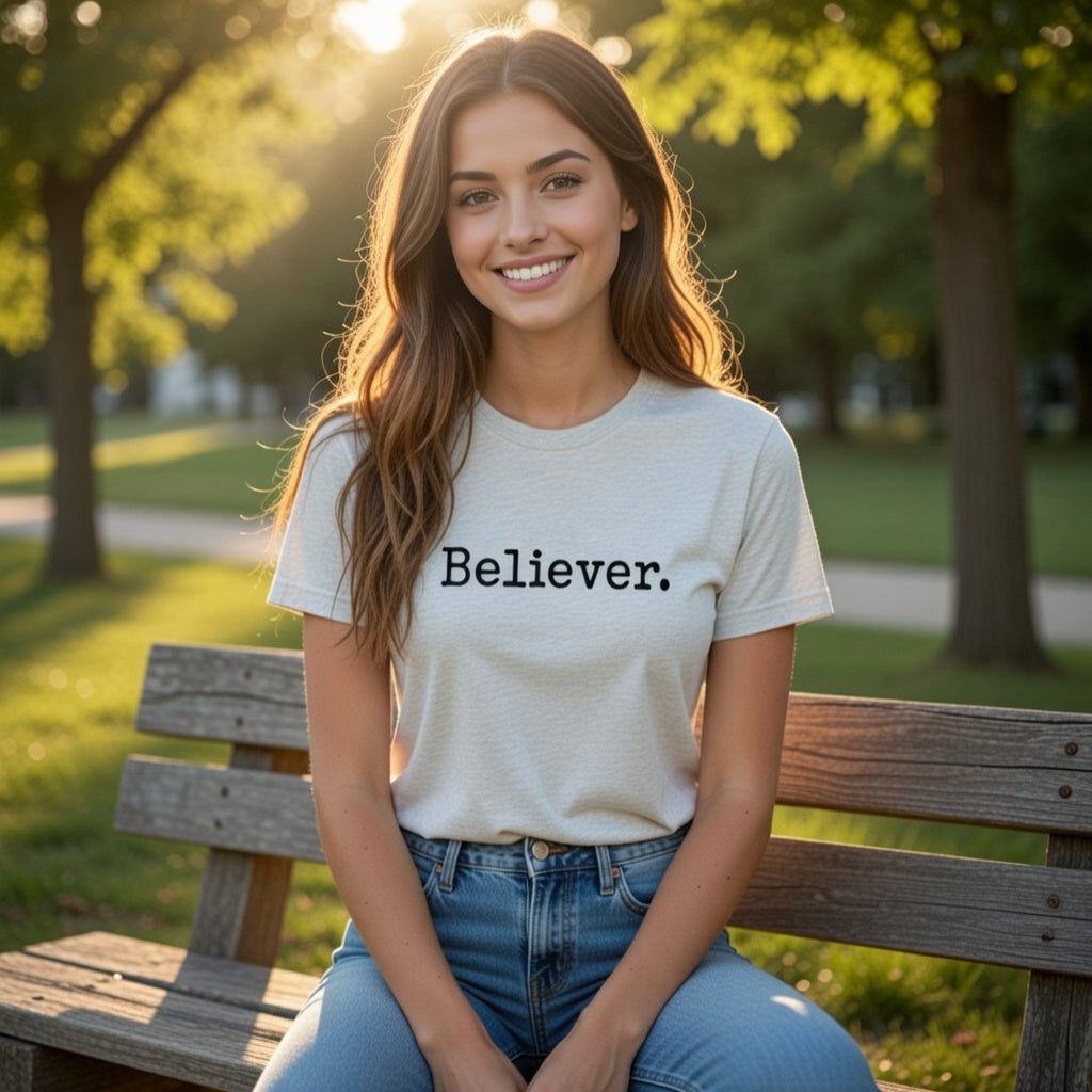 Woman sitting on a park bench wearing a 'Believer' t-shirt.