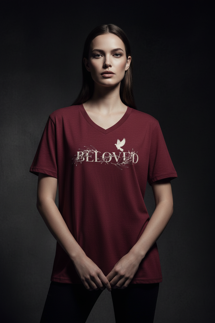 Beloved Cardinal V-Neck — Ultra Luxury Female Mockup