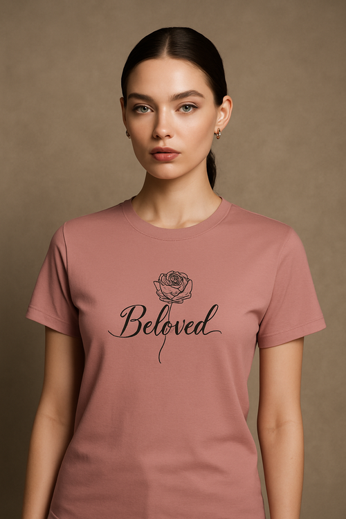 Editorial mockup with female model wearing faded rose Beloved shirt.