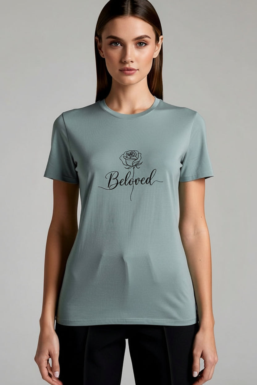 Editorial mockup with female model wearing faded slate Beloved shirt.