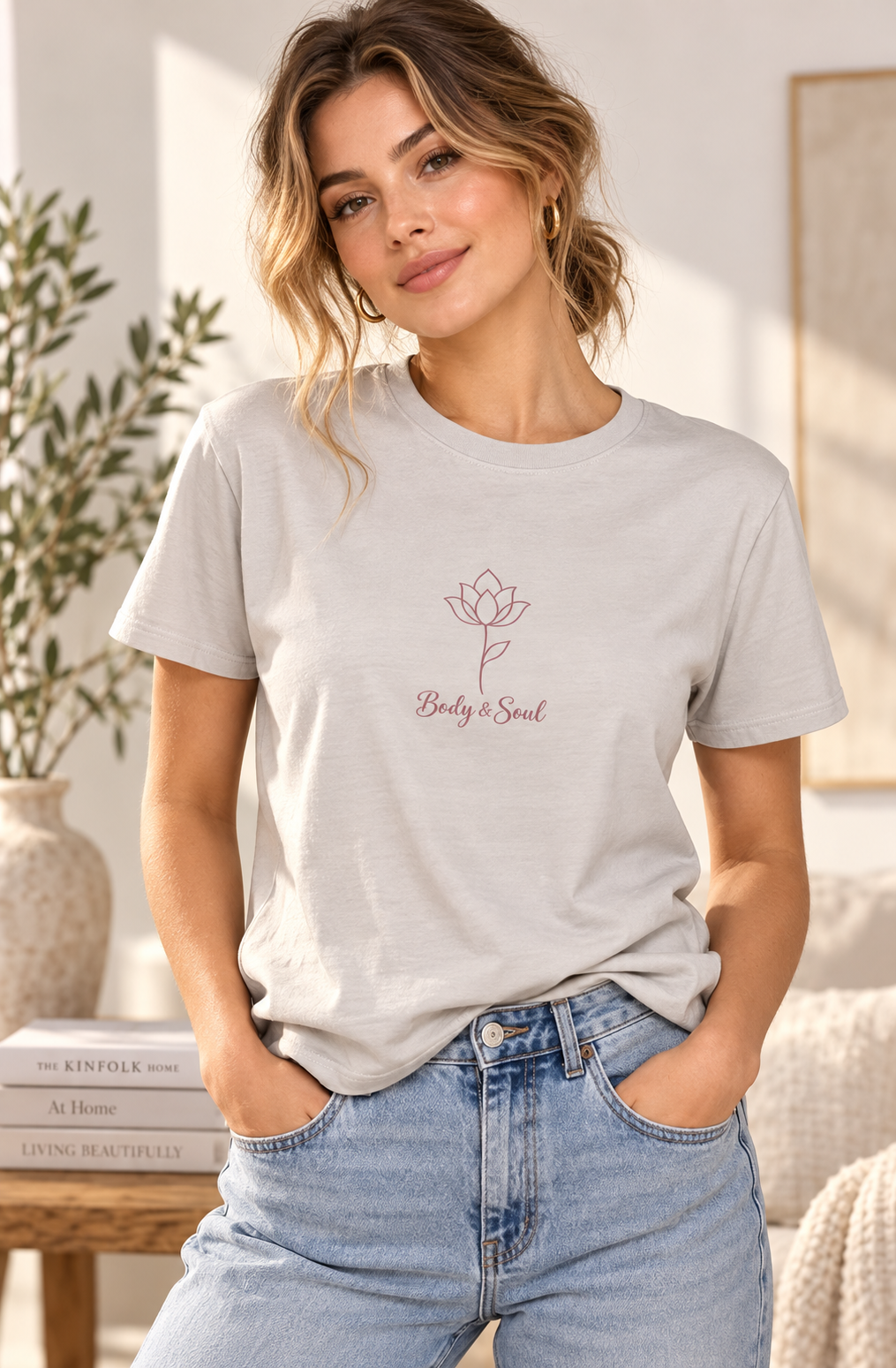 A woman wearing a light gray crewneck t-shirt with a pink floral line-art graphic and the words 'Body & Soul' printed on the chest, paired with light-wash blue jeans in a bright, modern room setting.