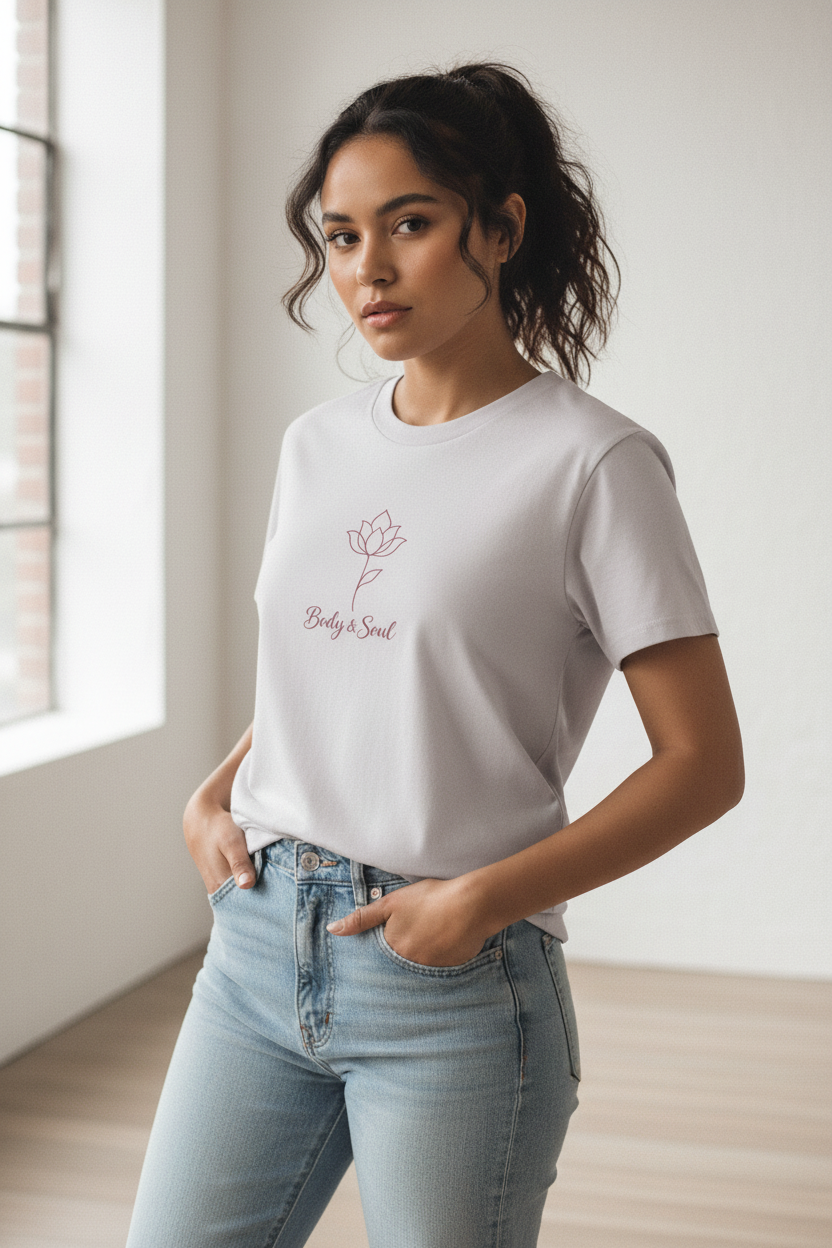 A woman wearing a white crewneck t-shirt with a pink lotus flower graphic and the words 'Beauty & Kind' printed on the chest, paired with light-wash blue jeans in a bright, modern room.