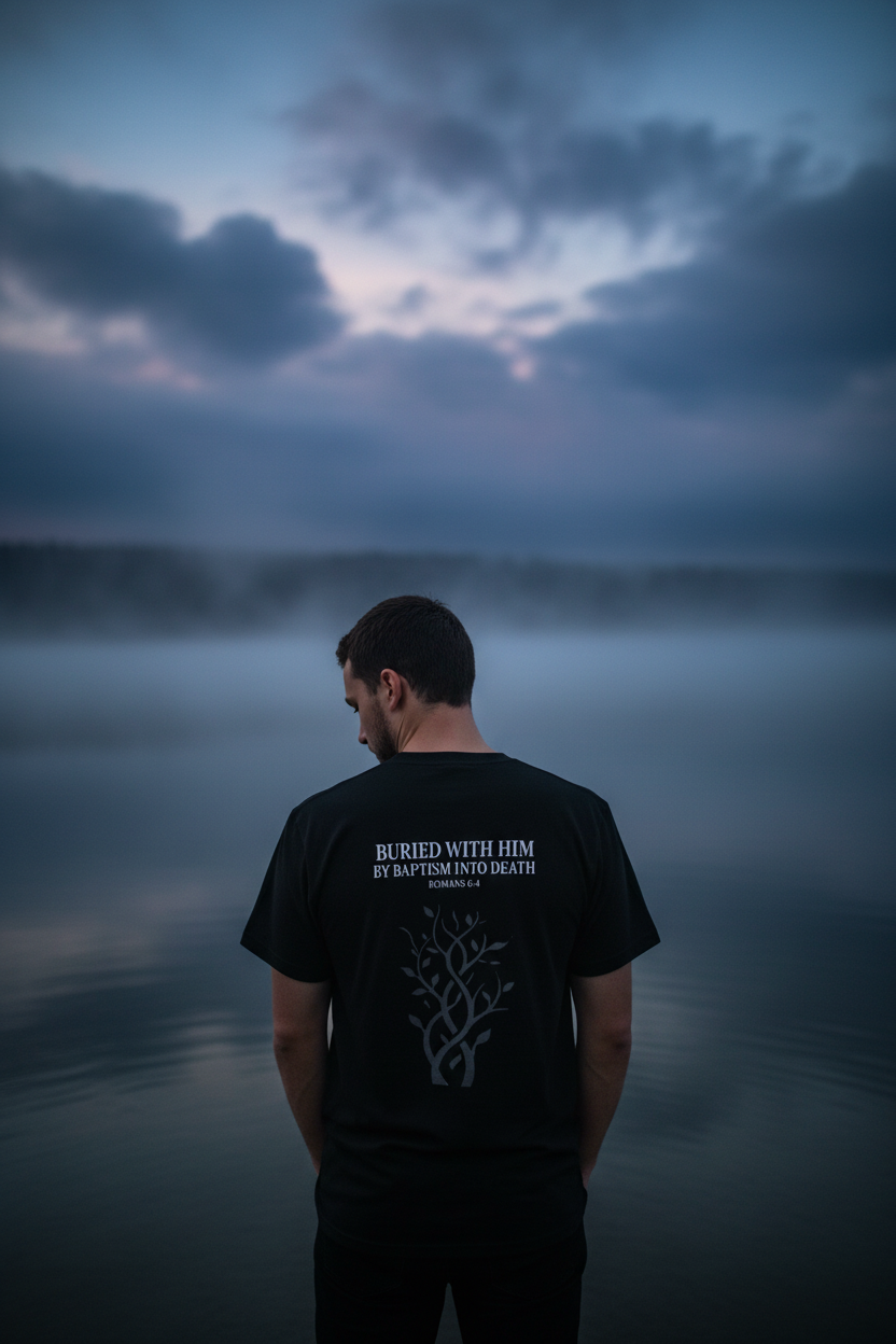 Male model wearing Buried With Him Supima Tee in Black — editorial style back view showing Romans 6:4 scripture design, premium Christian tee by 4HG