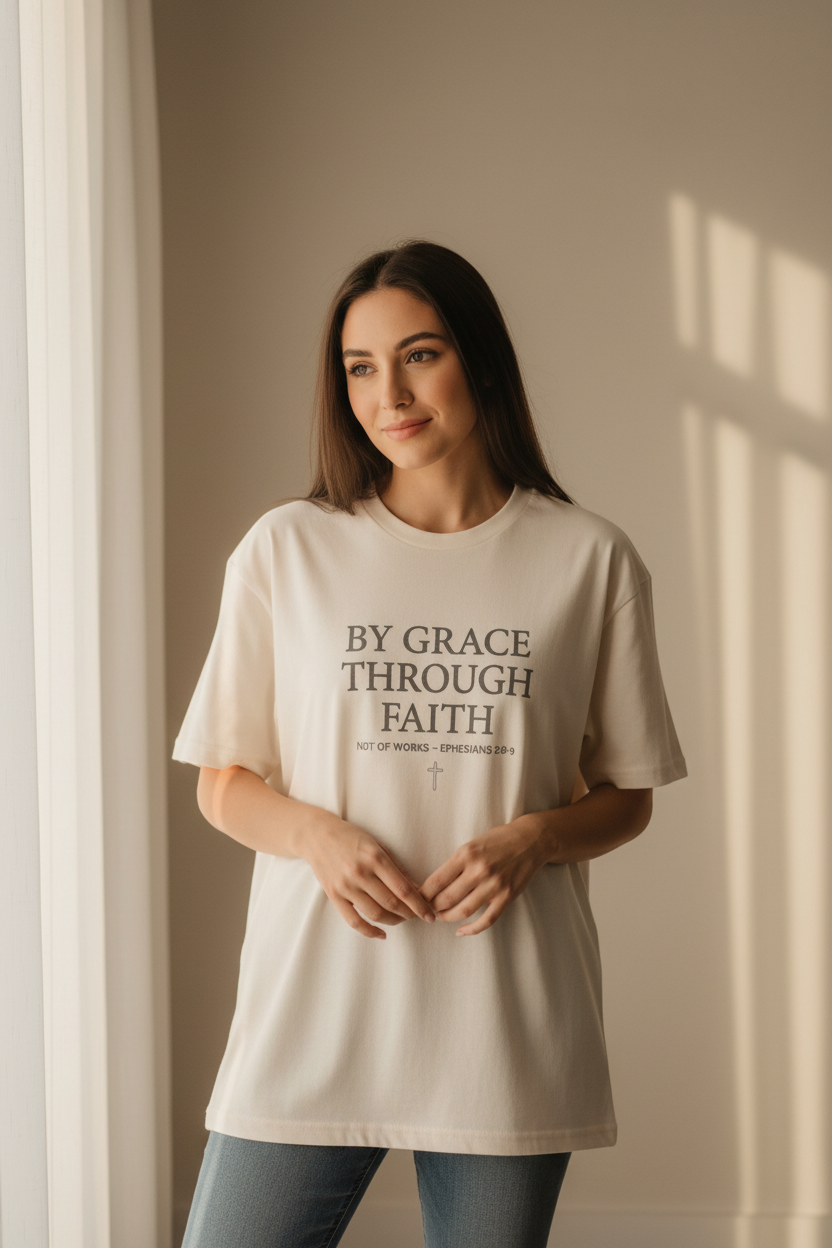 Female model wearing By Grace Through Faith Men's Premium Tee in Bone — editorial style front view, Ephesians 2:8-9 scripture design, Christian apparel by 4HG