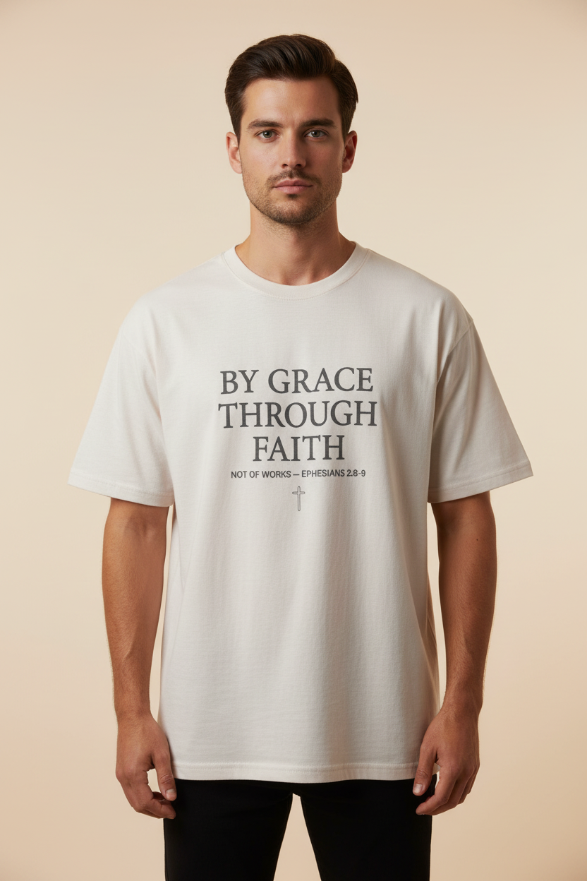 Male model wearing By Grace Through Faith Men's Premium Tee in White — editorial style front view, Ephesians 2:8-9 scripture design, Christian apparel by 4HG