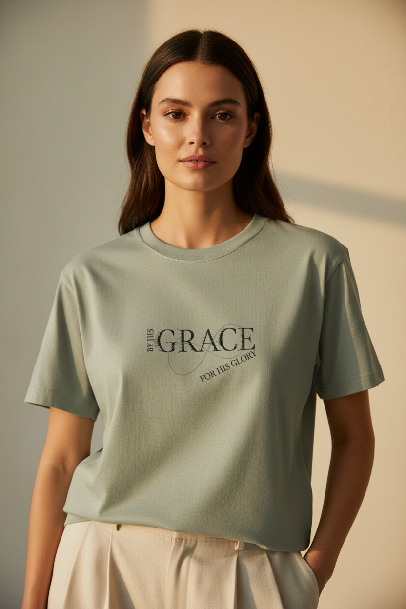 By His Grace For His Glory Tee (Sage) — Luxury Cinematic Female Editorial