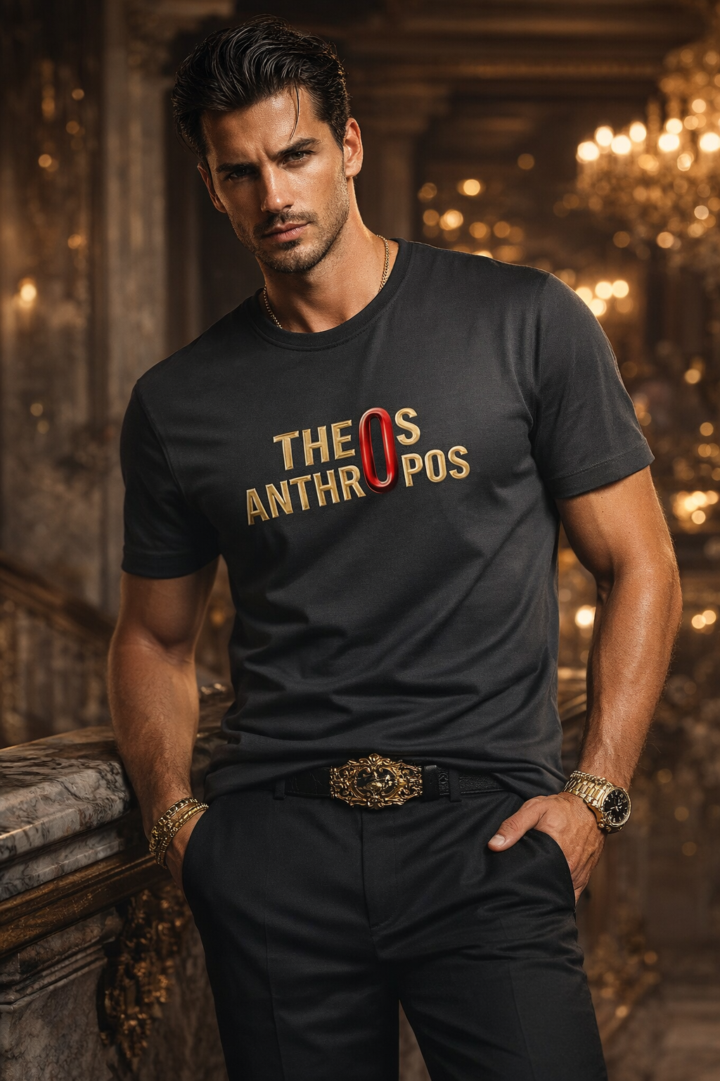 Male model wearing Theos Anthropos God-Man Faded Tee in candlelit editorial setting — front-facing, incarnation scripture design, Christian apparel by 4HG