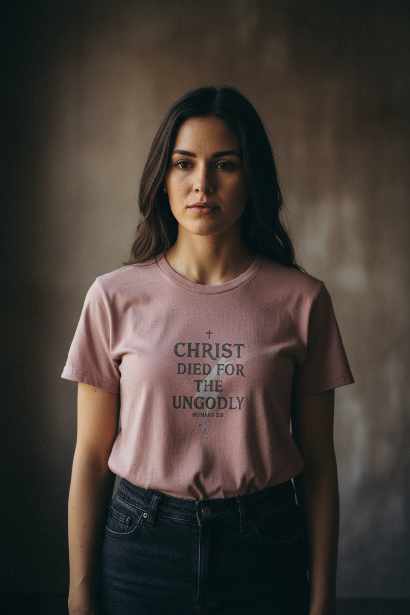 Female model wearing Christ Died for the Ungodly Tee in Faded Rose — editorial style front view, Romans 5:8 scripture design, garment-dyed Christian tee by 4HG