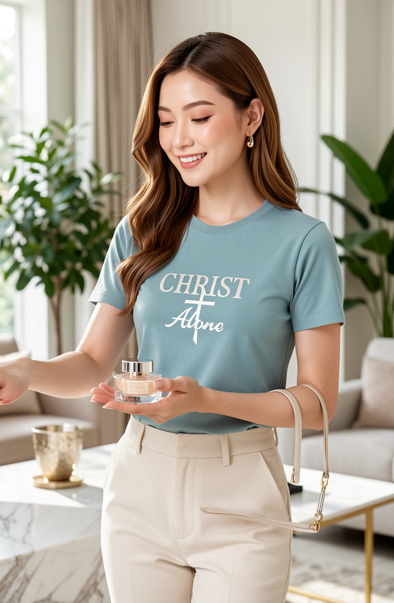 Woman holding a small container wearing CHRIST ALONE t-shirt in a living room setting