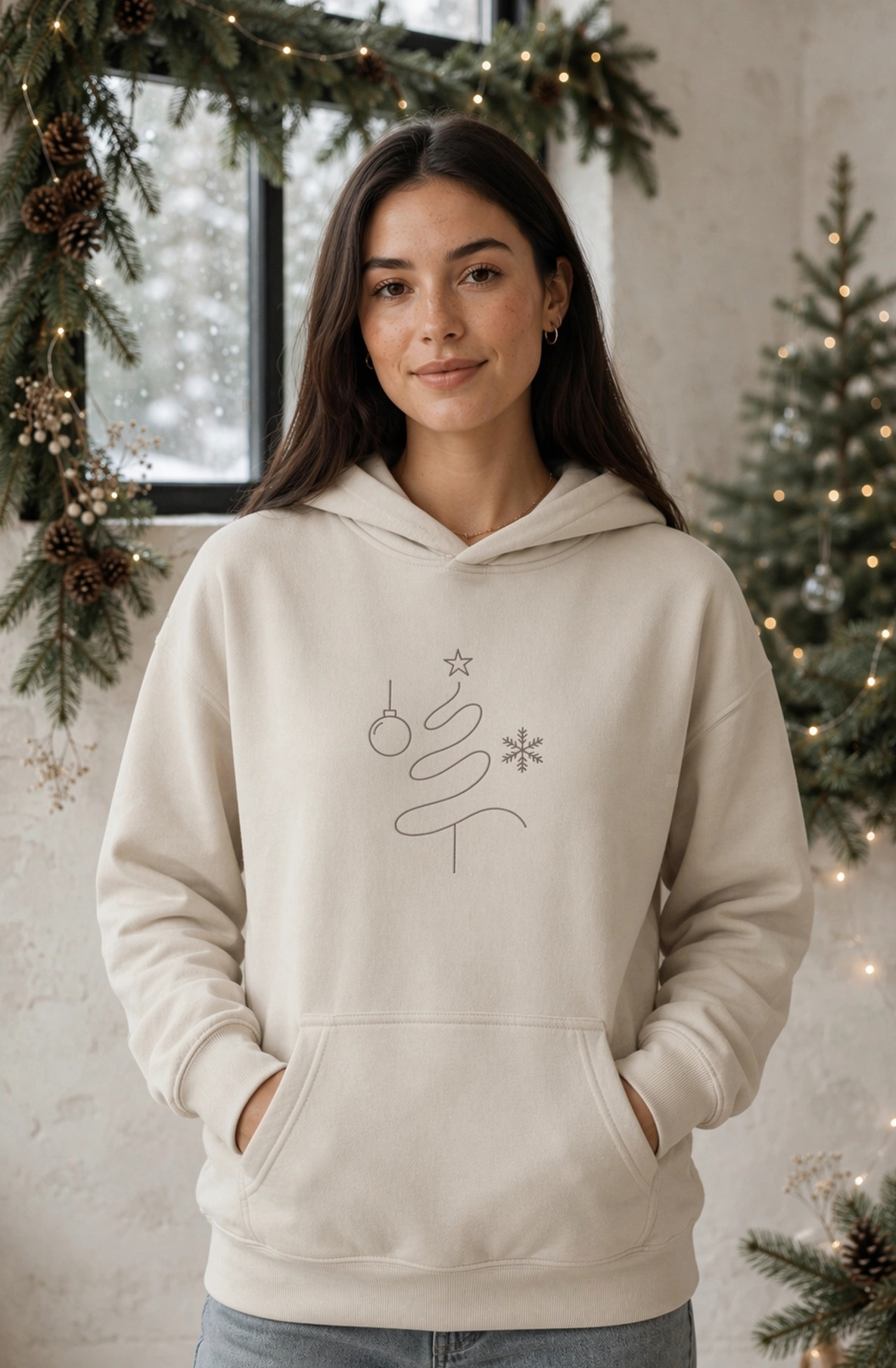 A woman wearing a cream-colored hoodie with a minimalist line art Christmas tree graphic on the front, standing in a decorated indoor holiday setting with garlands and string lights.