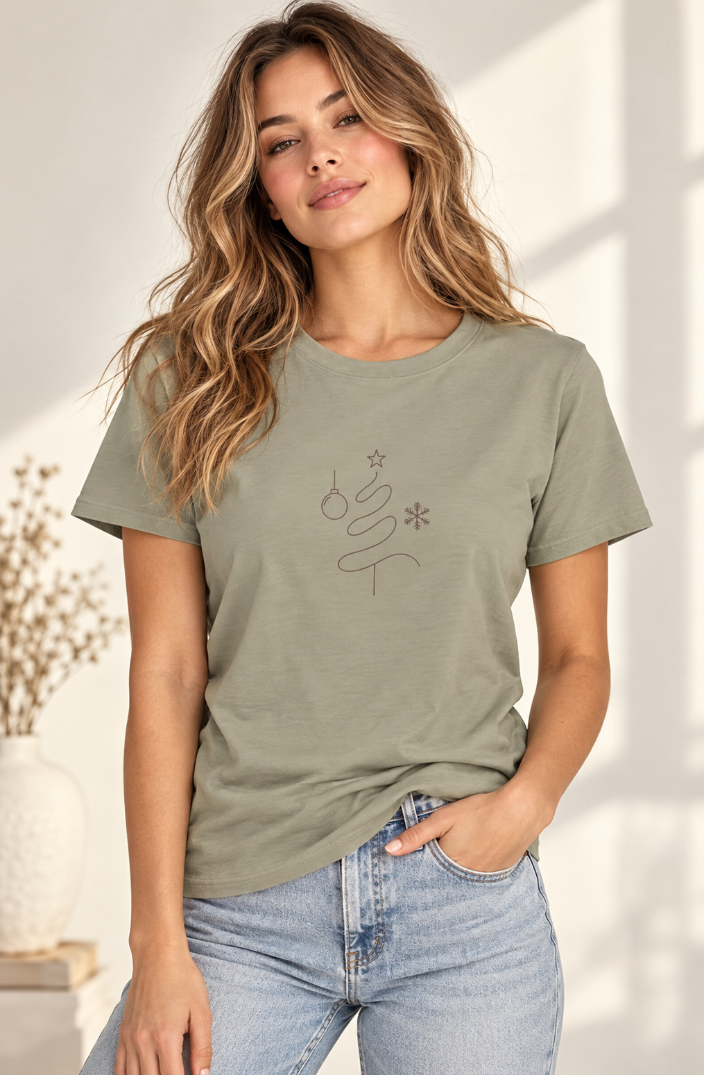 A woman wearing an olive green crewneck t-shirt with a minimalist line-art Christmas tree graphic on the chest, paired with light-wash blue jeans in a brightly lit indoor setting.