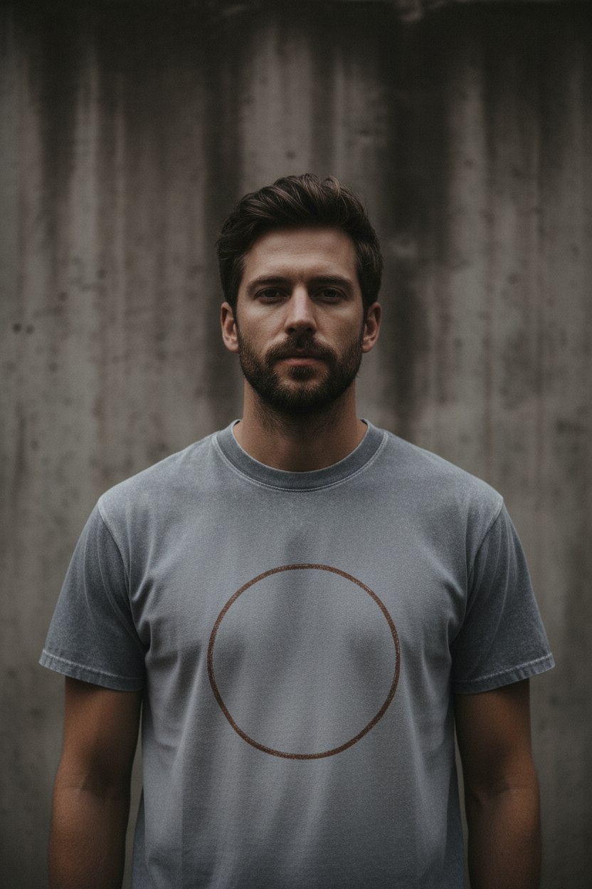 Male model wearing Eternal God Stone Wash Heavy Tee in Grey Stone — editorial style front view, Psalm 90:2 From Everlasting to Everlasting design, stone wash Christian tee by 4H
